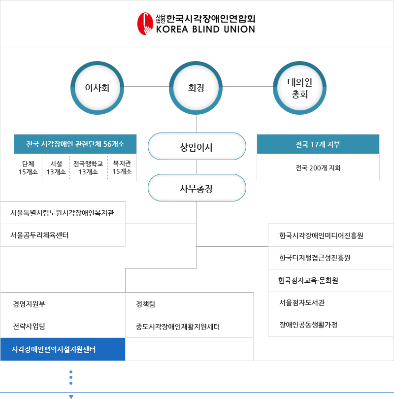 사단법인 한국시각장애인연합회 조직도-상세내용은 링크를 클릭하십시오.